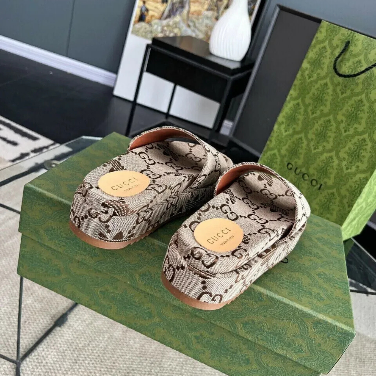 GUCCI DIONYSUS MINI BAG & ANGELINA FLAT SANDAL SET – BEIGE MONOGRAM