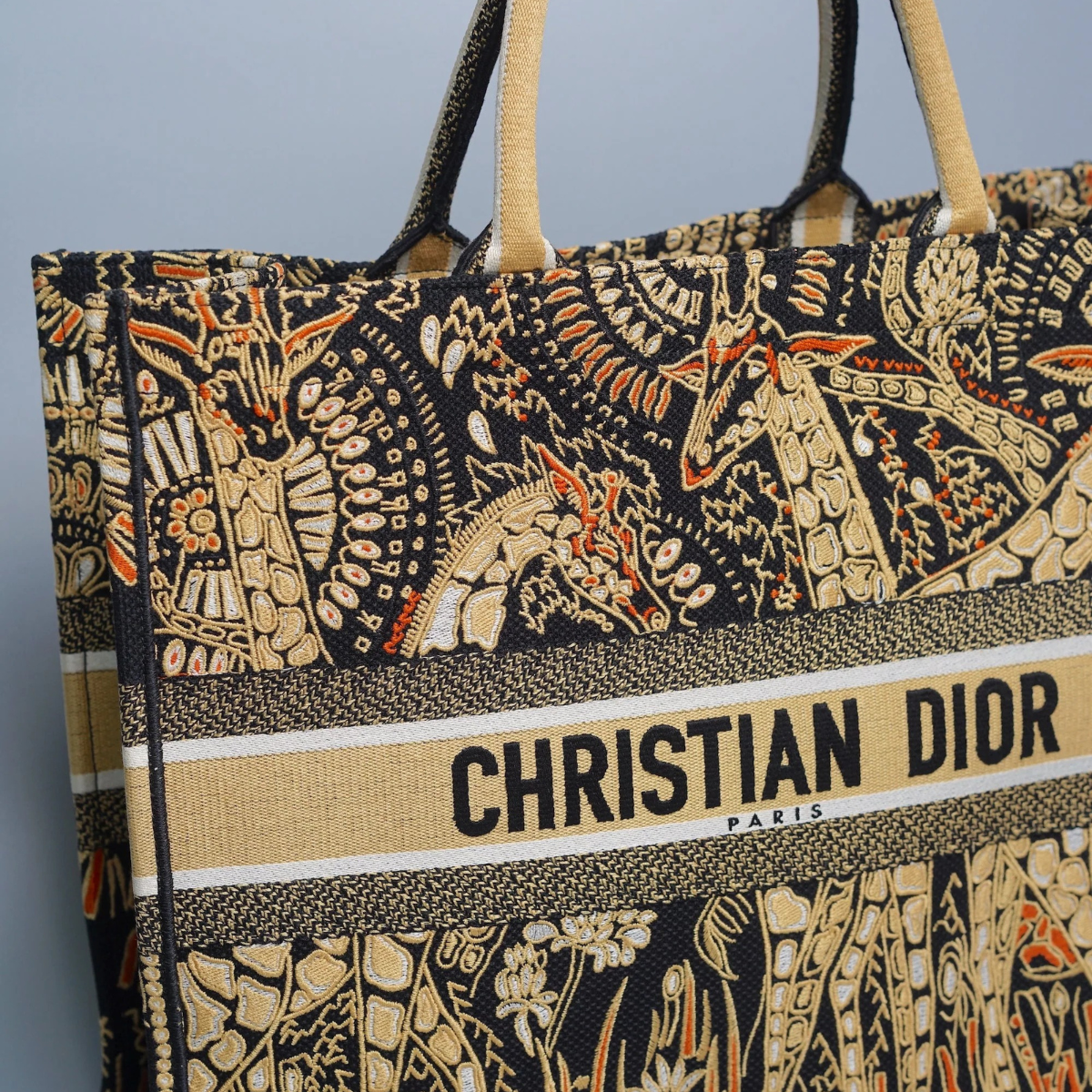 DIOR LARGE BOOK TOTE – BLACK/GOLD EMBROIDERY